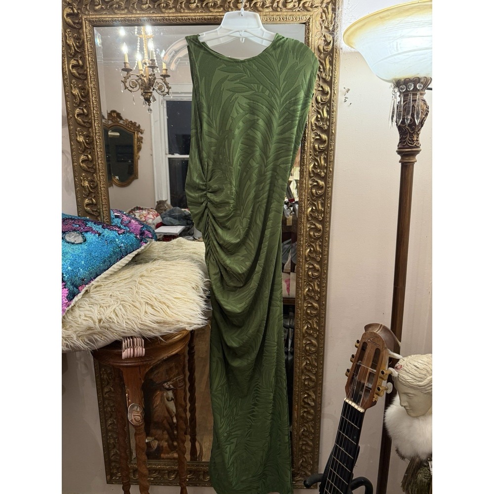 Zara Green Palm Leaves  Long Sleeve Ruched Side Tubular Midi Dress Sz Med - Picture 5 of 13